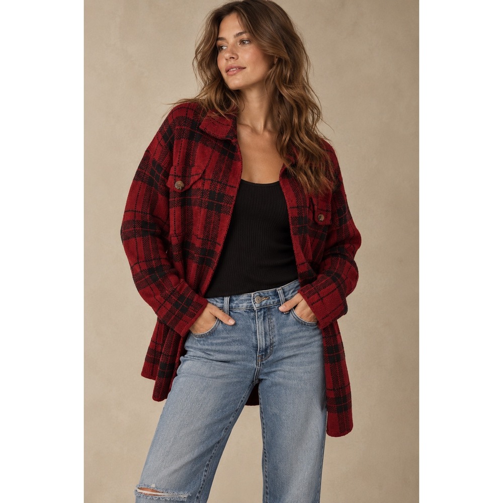 Kathy Ireland Red Black Plaid Knit Shacket Shirt Jacket HS67995X 1X NWT